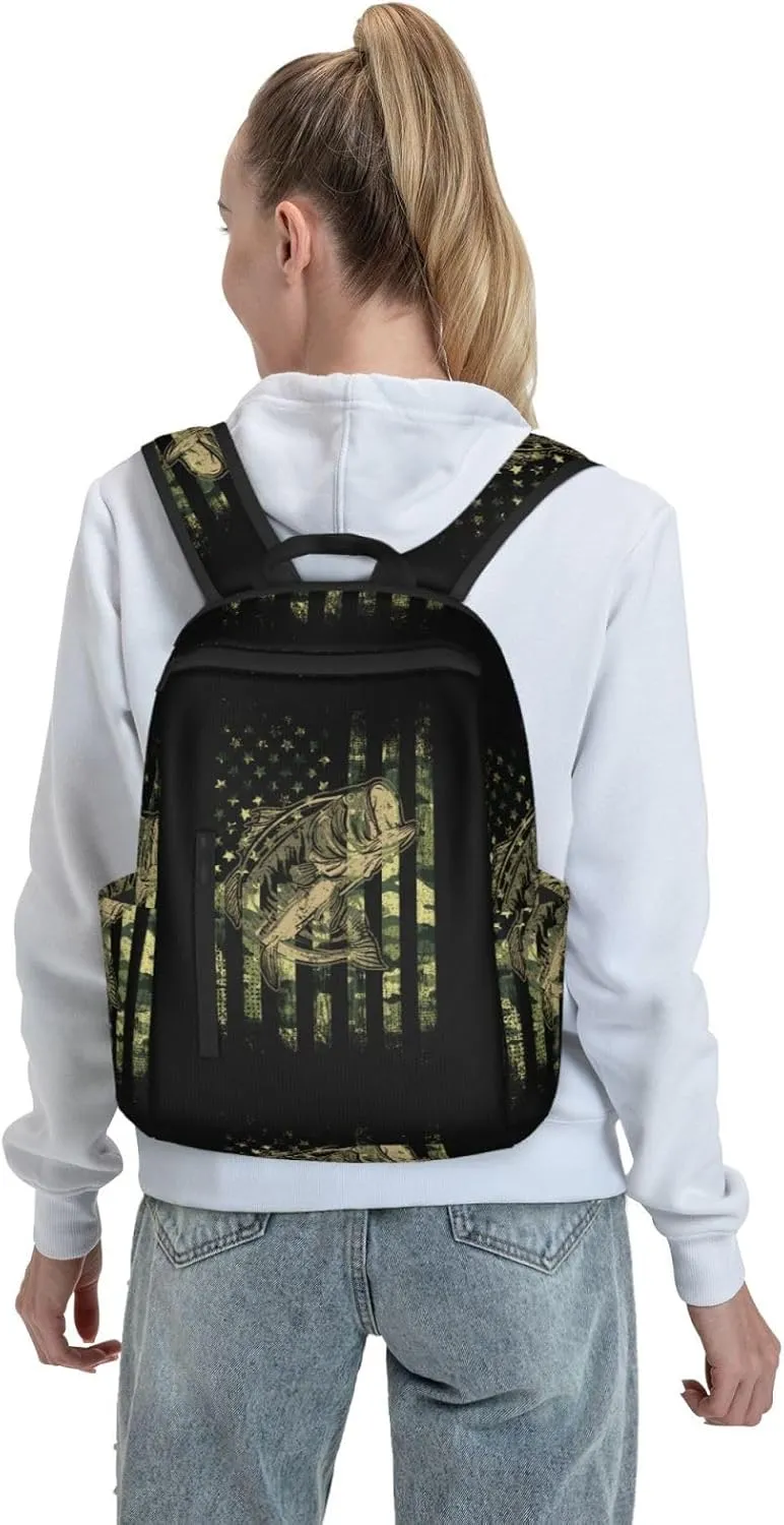 Bass Fishing Hunting Camo Camouflage American Flag backpack business travel anti theft durable backpack college daypacks for women & men