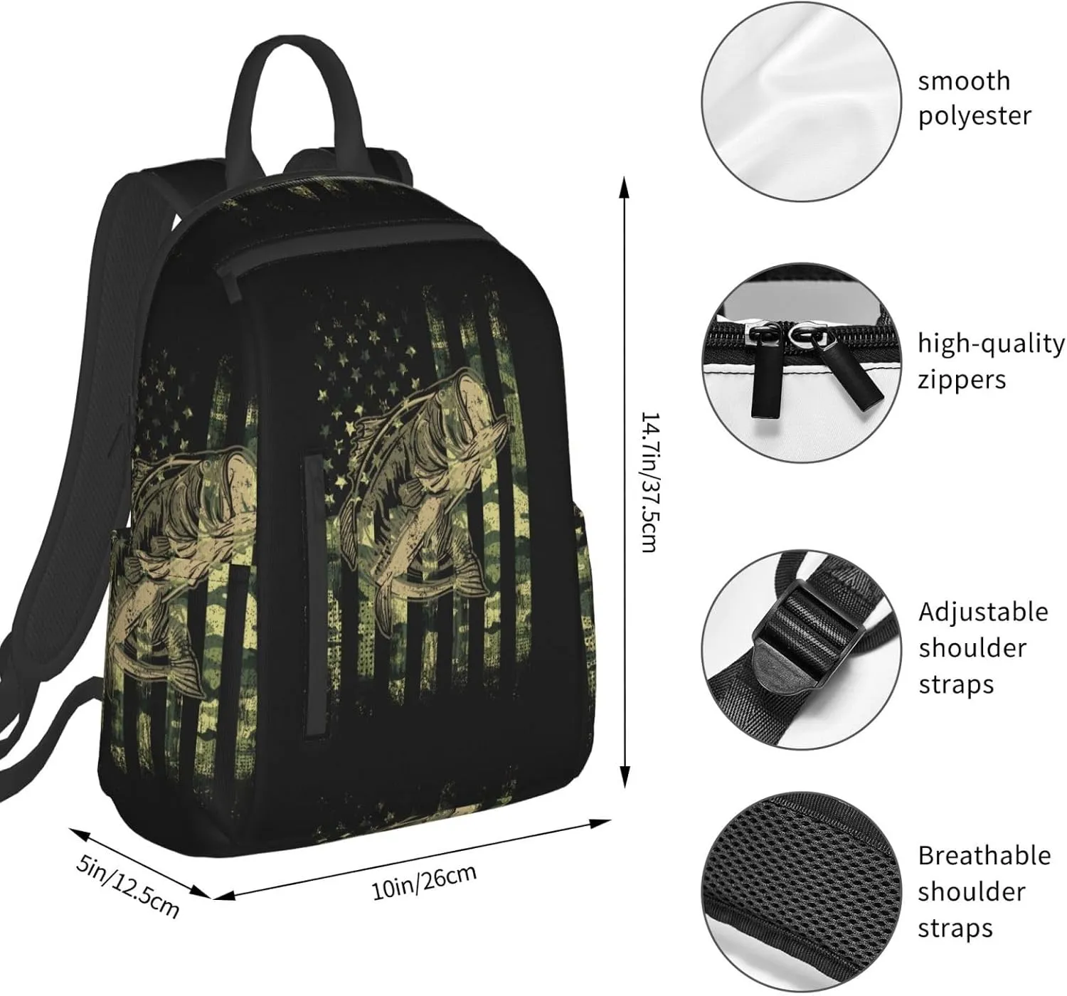 Bass Fishing Hunting Camo Camouflage American Flag backpack business travel anti theft durable backpack college daypacks for women & men