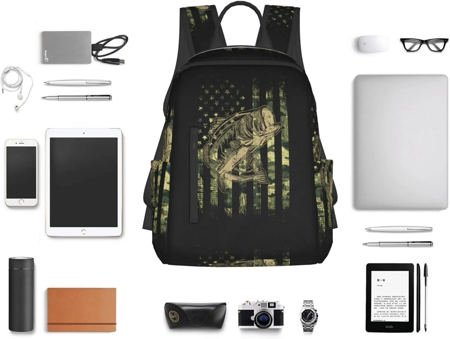 Bass Fishing Hunting Camo Camouflage American Flag backpack business travel anti theft durable backpack college daypacks for women & men
