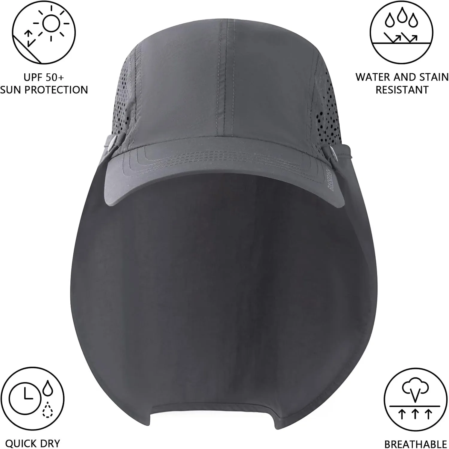 BASSDASH UPF 50  Foldable Fishing Hat Baseball Cap with Removable Neck Flap Portable for Men Women Golf Hiking