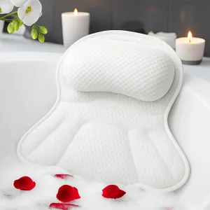 Bath Pillow for Tub – 4D Air Mesh, Head & Back Support with 6 Suction Cups, Washable & Waterproof, Relaxing Bathtub Pillow for Men & Women – White