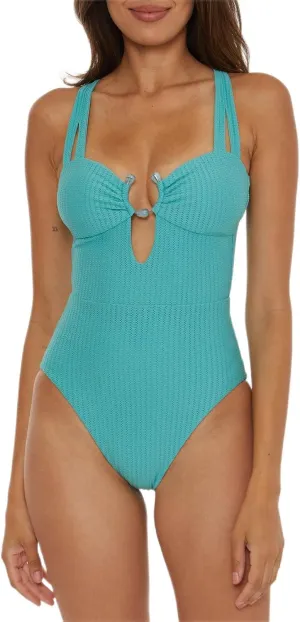 BECCA Women's Standard Line in Sand Bandeau One Piece Swimsuit, Criss Cross, Textured, Bathing Suits