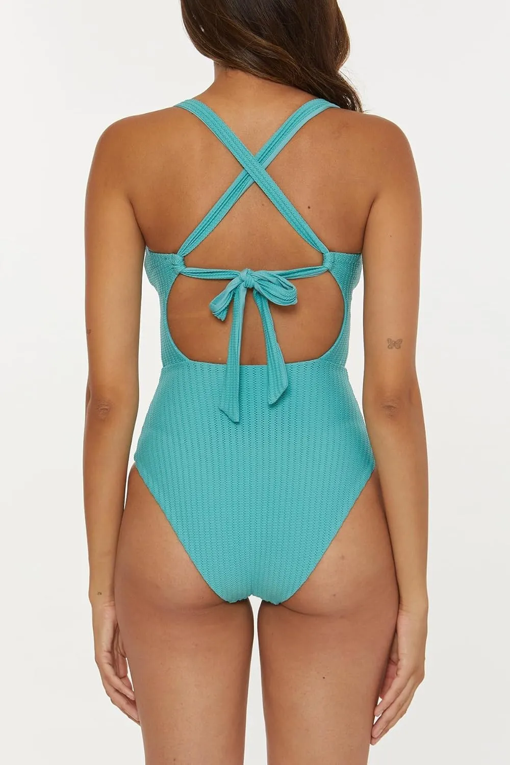 BECCA Women's Standard Line in Sand Bandeau One Piece Swimsuit, Criss Cross, Textured, Bathing Suits