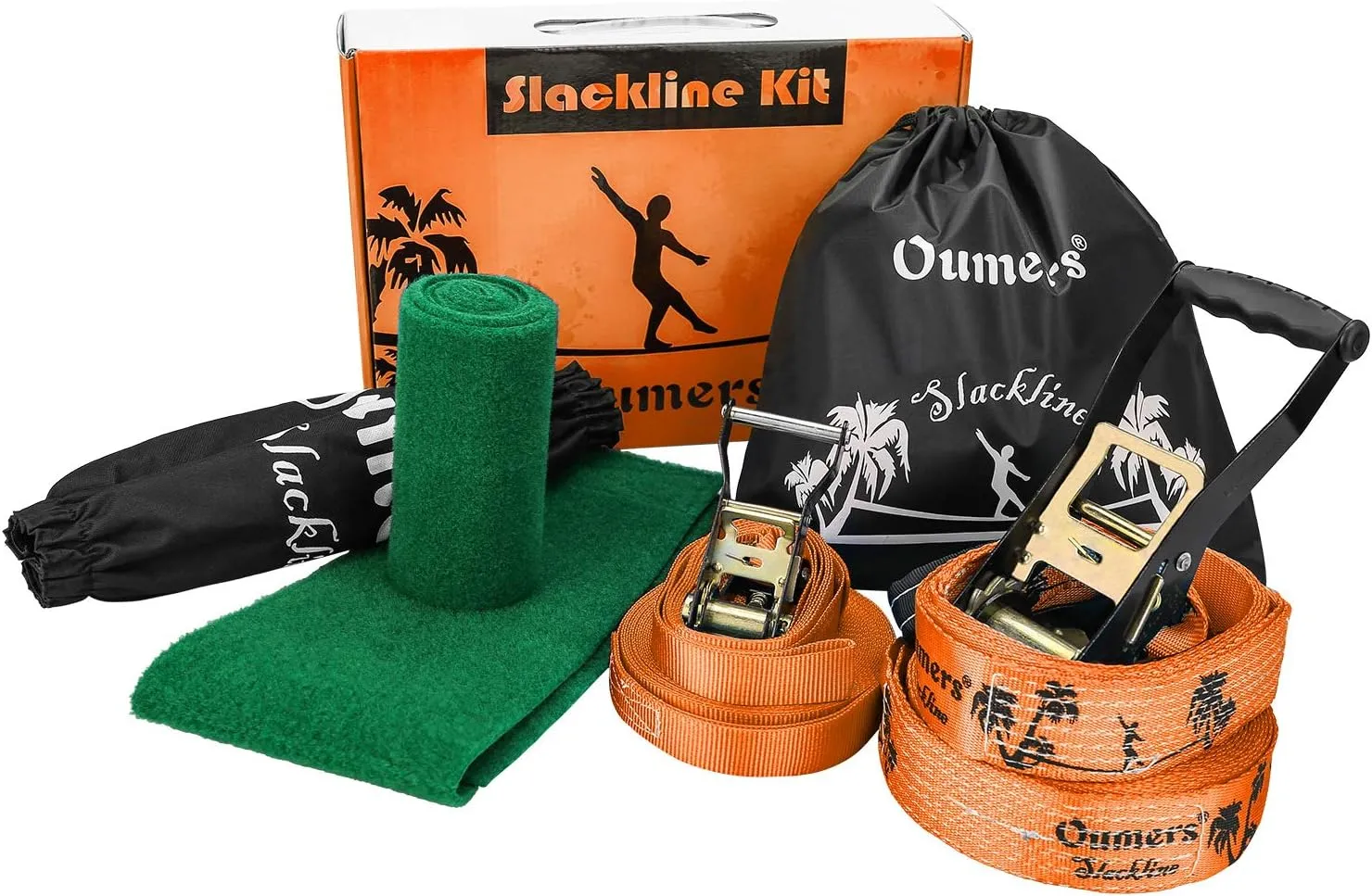 Beginner Slackline Kit, Oumers Slack Line Gift Set with 50ft Main Blance line Training Line Tree Protector Ratchet Cover Carry Bag for Kids Adults