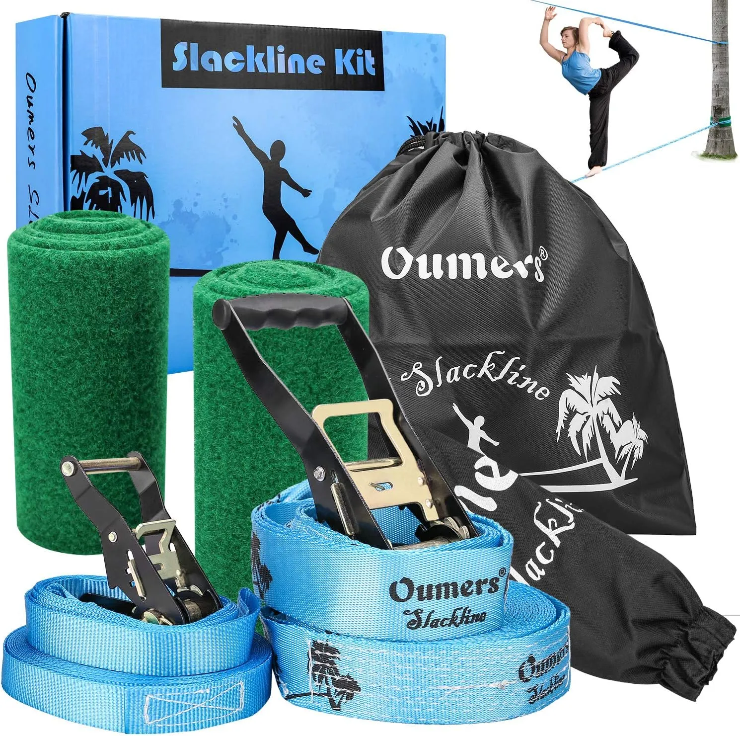 Beginner Slackline Kit, Oumers Slack Line Gift Set with 50ft Main Blance line Training Line Tree Protector Ratchet Cover Carry Bag for Kids Adults
