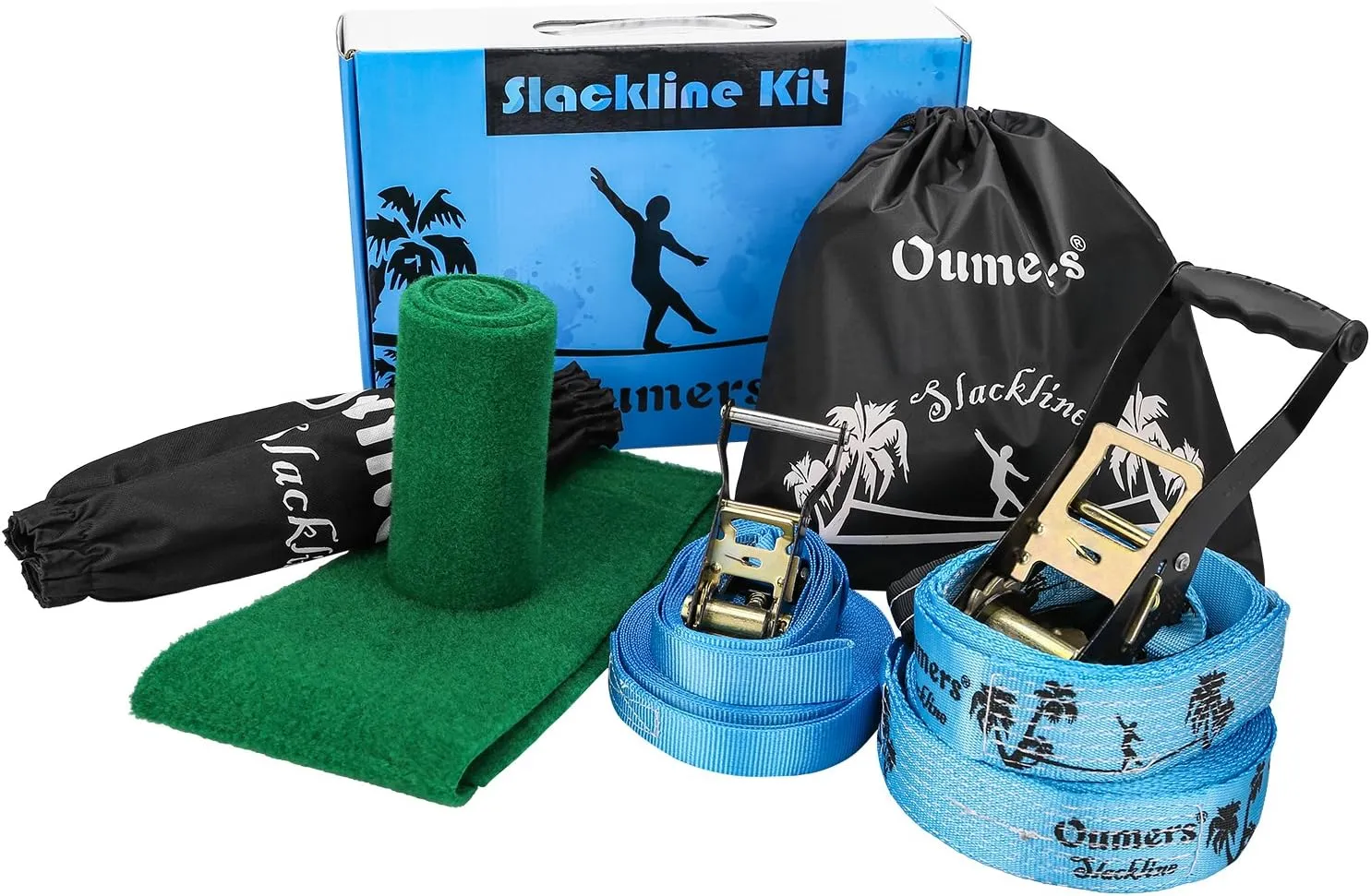 Beginner Slackline Kit, Oumers Slack Line Gift Set with 50ft Main Blance line Training Line Tree Protector Ratchet Cover Carry Bag for Kids Adults