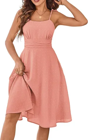 Belle Poque Women 2025 Summer Sundress Spaghetti Strap Swiss Dots A-line Midi Dresses with Pockets