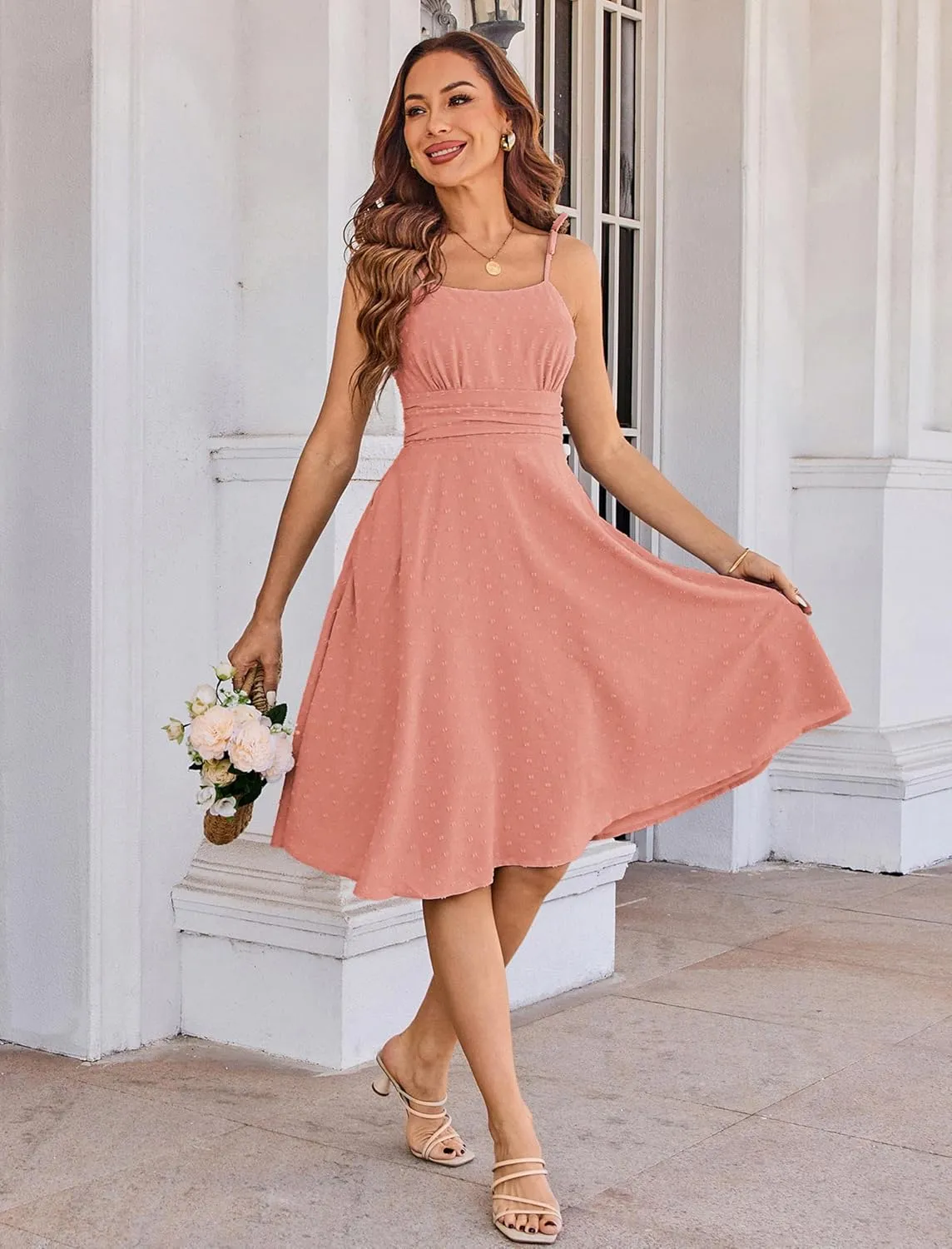 Belle Poque Women 2025 Summer Sundress Spaghetti Strap Swiss Dots A-line Midi Dresses with Pockets