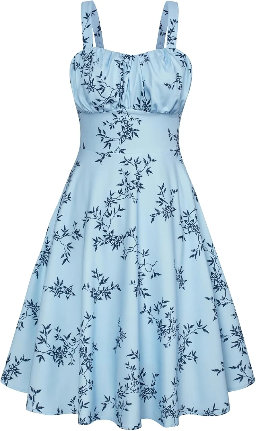 Belle Poque Women's Vintage Sleeveless Solid Floral Ruched Summer Cute A-Line Flowy Swing Midi Dress
