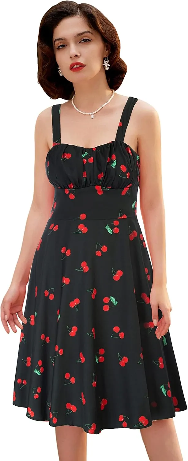 Belle Poque Women's Vintage Sleeveless Solid Floral Ruched Summer Cute A-Line Flowy Swing Midi Dress