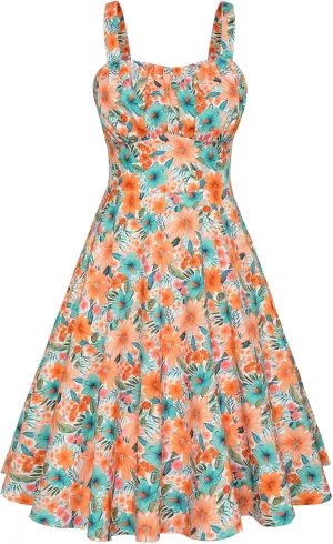 Belle Poque Women's Vintage Sleeveless Solid Floral Ruched Summer Cute A-Line Flowy Swing Midi Dress