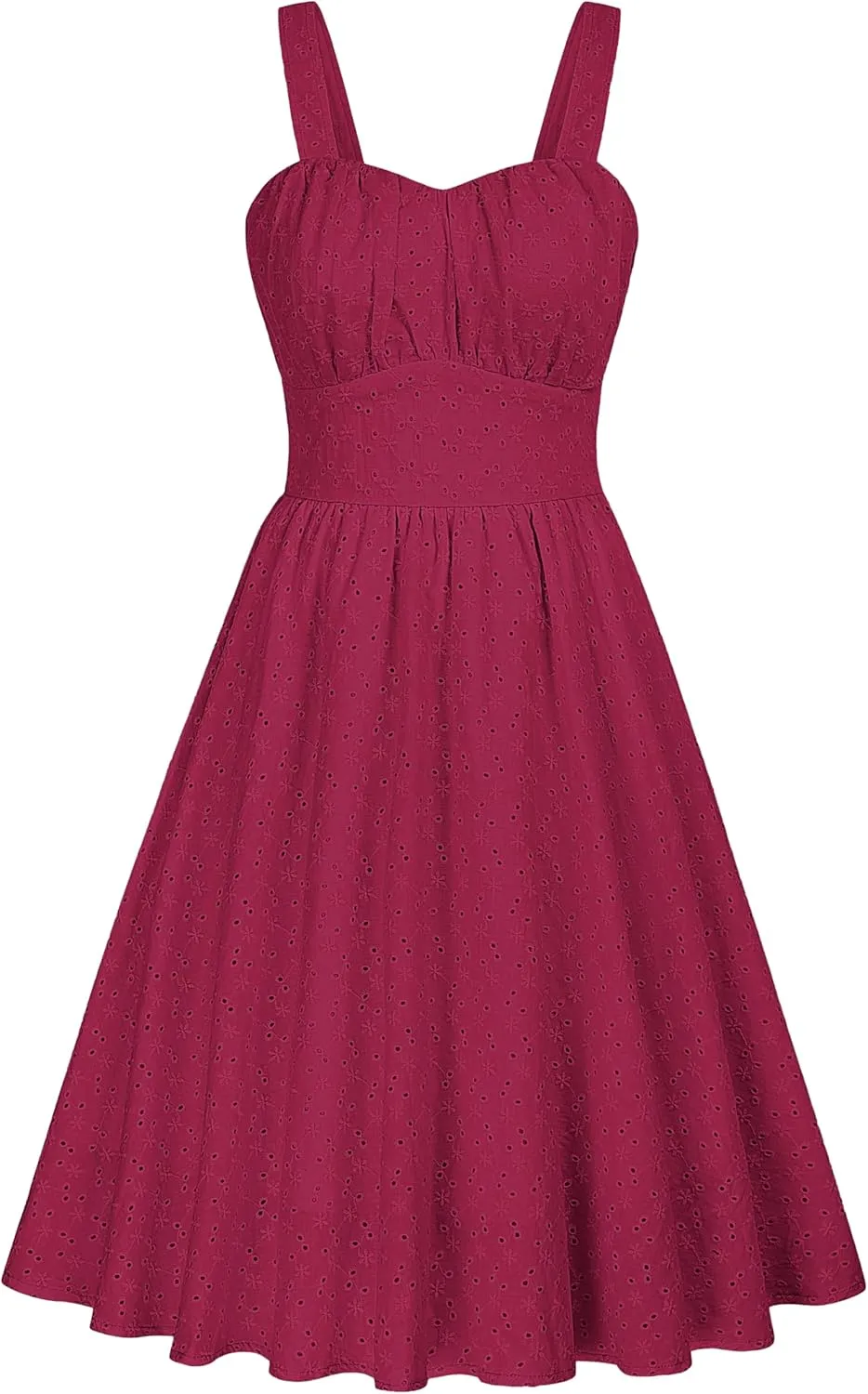 Belle Poque Women's Vintage Sleeveless Solid Ruched Summer Cotton Embroidery Cute A-Line Flowy Swing Midi Dress