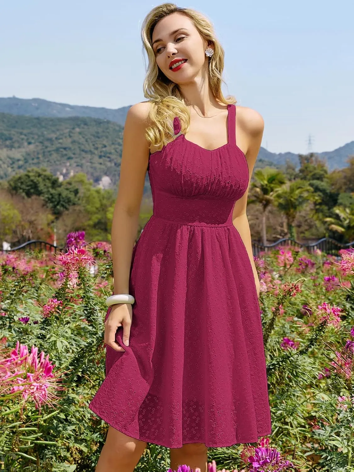 Belle Poque Women's Vintage Sleeveless Solid Ruched Summer Cotton Embroidery Cute A-Line Flowy Swing Midi Dress