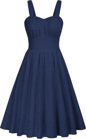 Belle Poque Women's Vintage Sleeveless Solid Ruched Summer Cotton Embroidery Cute A-Line Flowy Swing Midi Dress