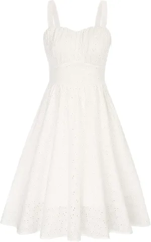 Belle Poque Women's Vintage Sleeveless Solid Ruched Summer Cotton Embroidery Cute A-Line Flowy Swing Midi Dress