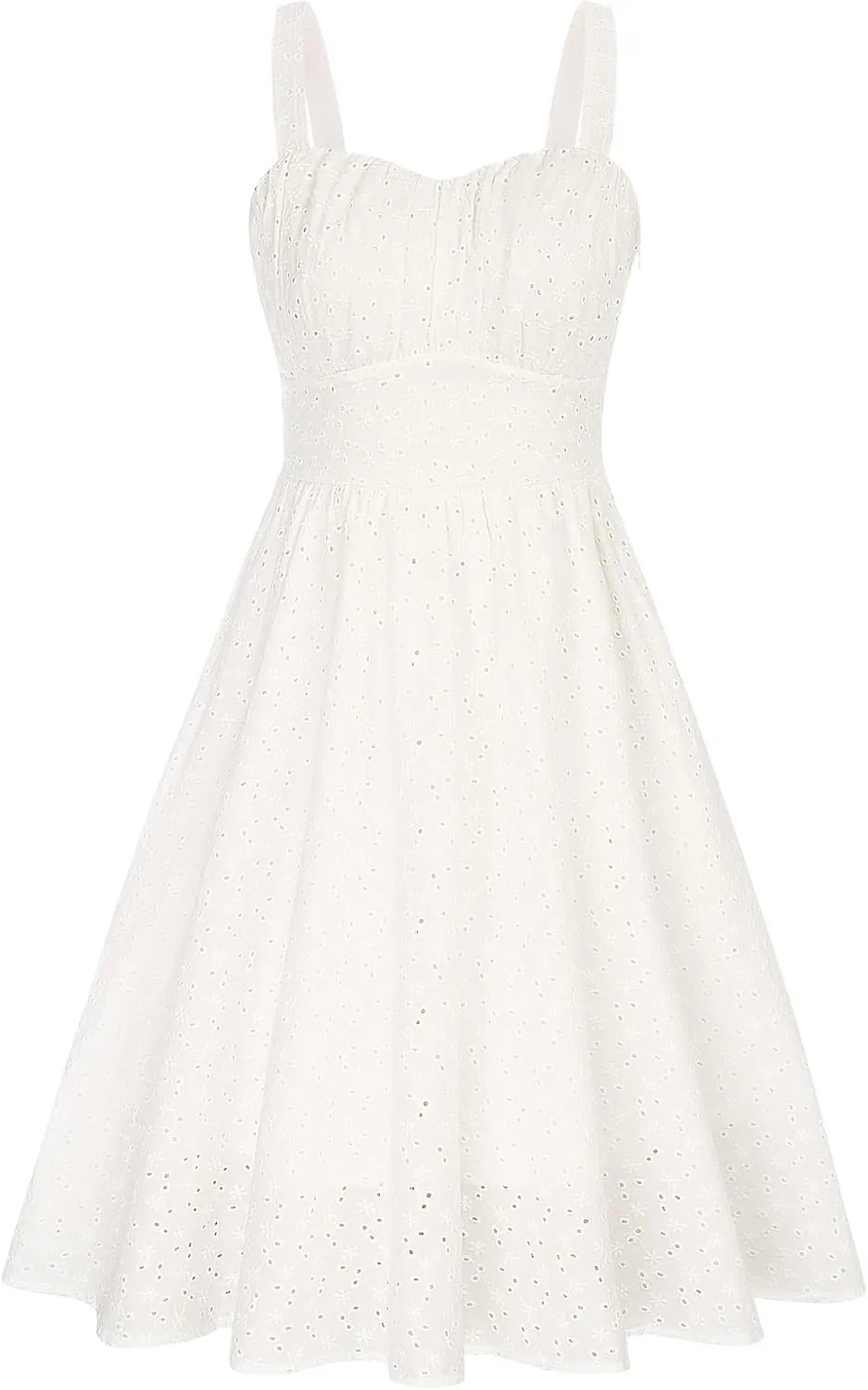 Belle Poque Women's Vintage Sleeveless Solid Ruched Summer Cotton Embroidery Cute A-Line Flowy Swing Midi Dress