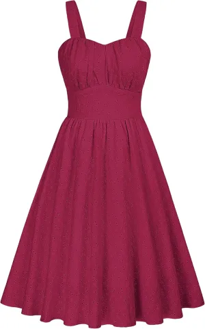 Belle Poque Women's Vintage Sleeveless Solid Ruched Summer Cotton Embroidery Cute A-Line Flowy Swing Midi Dress