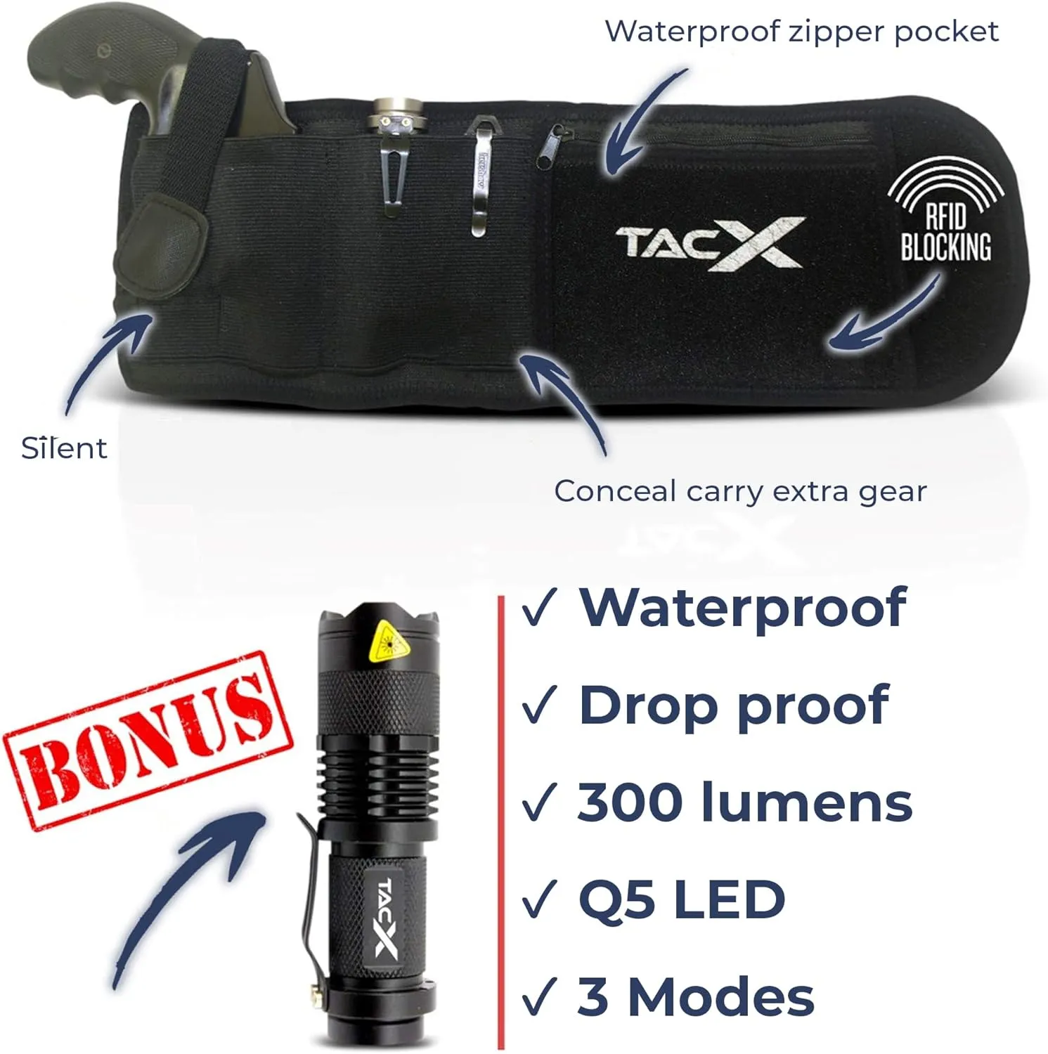 Belly Band Holster for Active Concealed Carry | Universal Design | IWB/OWB Pistol Belt | RFID Blocking Water Proof Zipper Gear Pocket | Spare Mag Pouch | Running, Hiking, Jogging