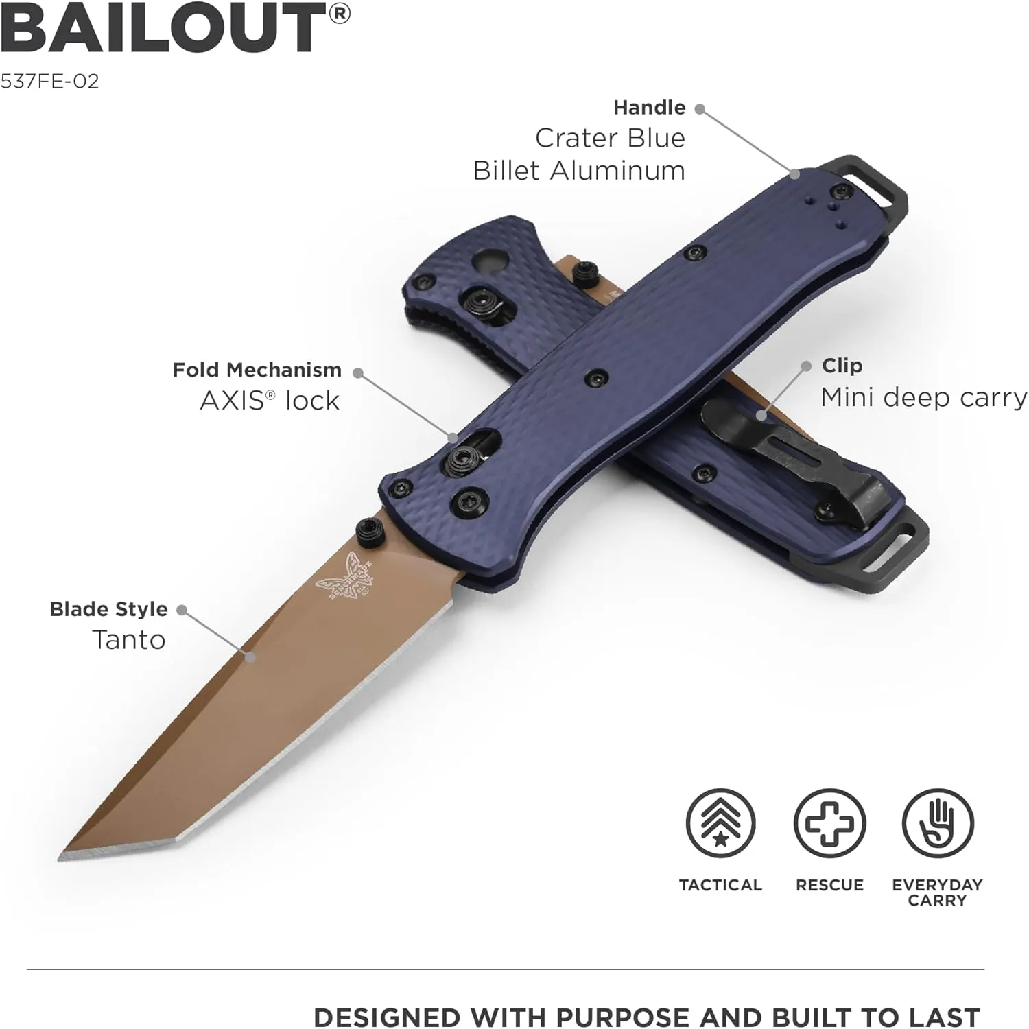 Benchmade - Bailout 537 Tactical Knife, Tanto Blade with Crater Blue Aluminum Handle (537FE-02)