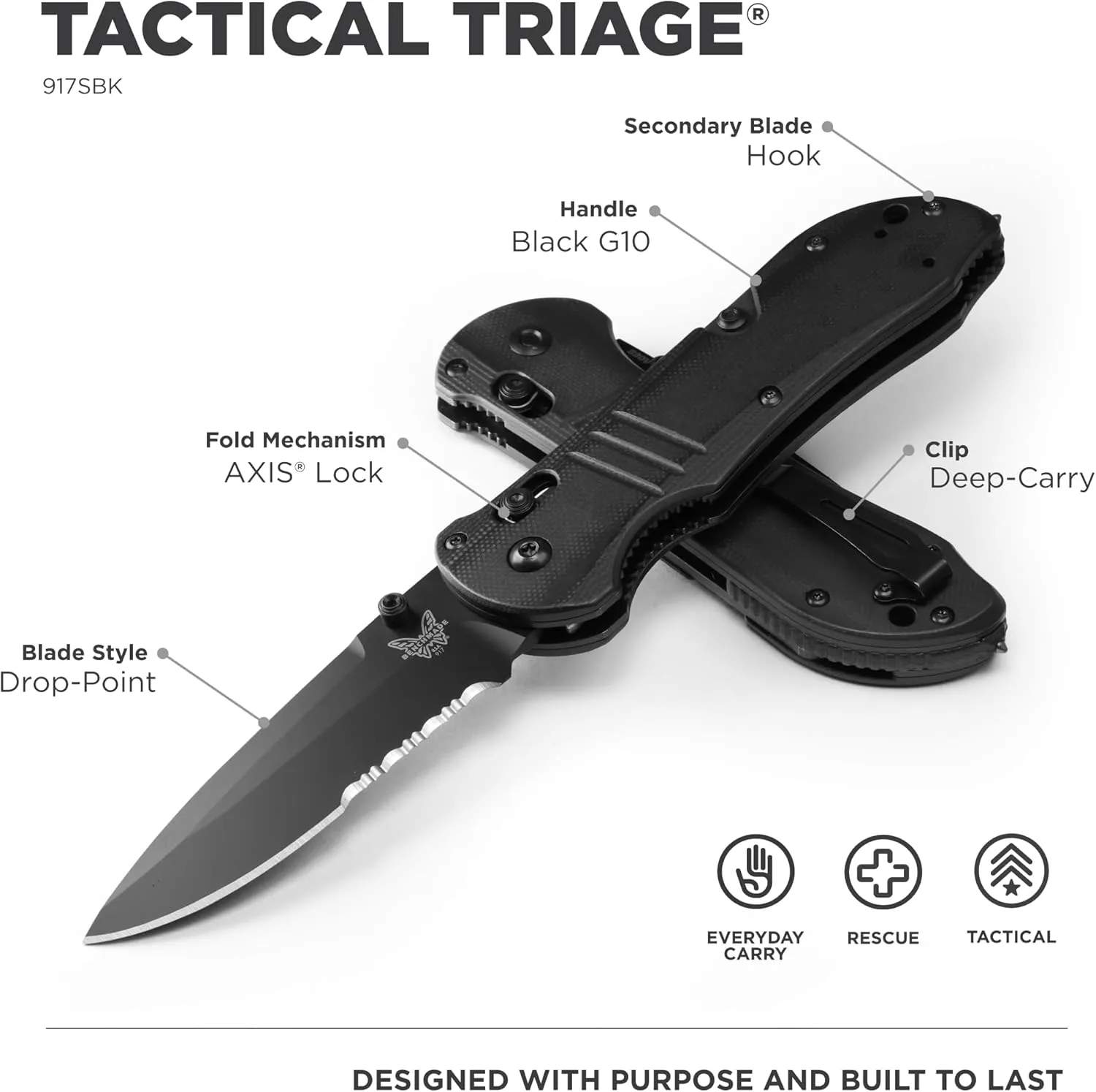 Benchmade - Triage 917 Tactical Knife, Glass Breaker and Rescue Hook with Black G10 Handle (917SBK)