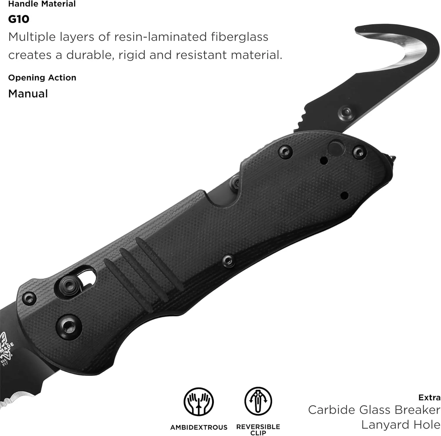 Benchmade - Triage 917 Tactical Knife, Glass Breaker and Rescue Hook with Black G10 Handle (917SBK)