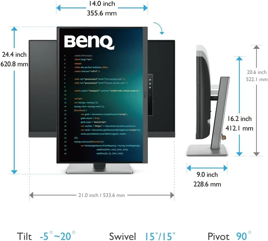 BenQ RD240Q 24.1” WQXGA Programming Monitor, 90W USB Type-C, Advanced Coding Modes, Coding HotKey, Ergonomic Design, 16:10 Special Ratio, Circadian Mode, Eye-Care Technology, Eco-Friendly Design