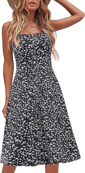 Berydress Women's Casual Beach Summer Dresses 2025 Solid Cotton Flattering A-Line Spaghetti Strap Button Down Midi Sundress
