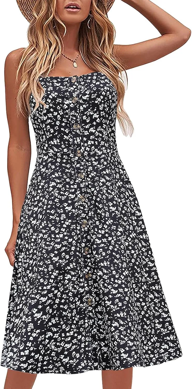 Berydress Women's Casual Beach Summer Dresses 2025 Solid Cotton Flattering A-Line Spaghetti Strap Button Down Midi Sundress