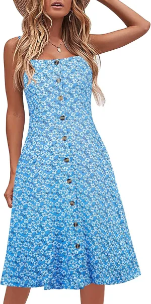 Berydress Women's Casual Beach Summer Dresses 2025 Solid Cotton Flattering A-Line Spaghetti Strap Button Down Midi Sundress