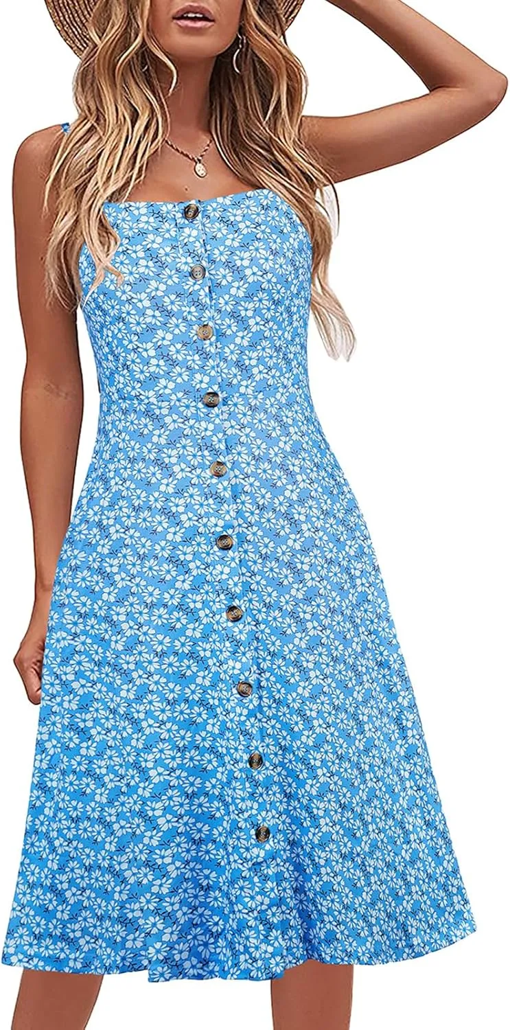 Berydress Women's Casual Beach Summer Dresses 2025 Solid Cotton Flattering A-Line Spaghetti Strap Button Down Midi Sundress