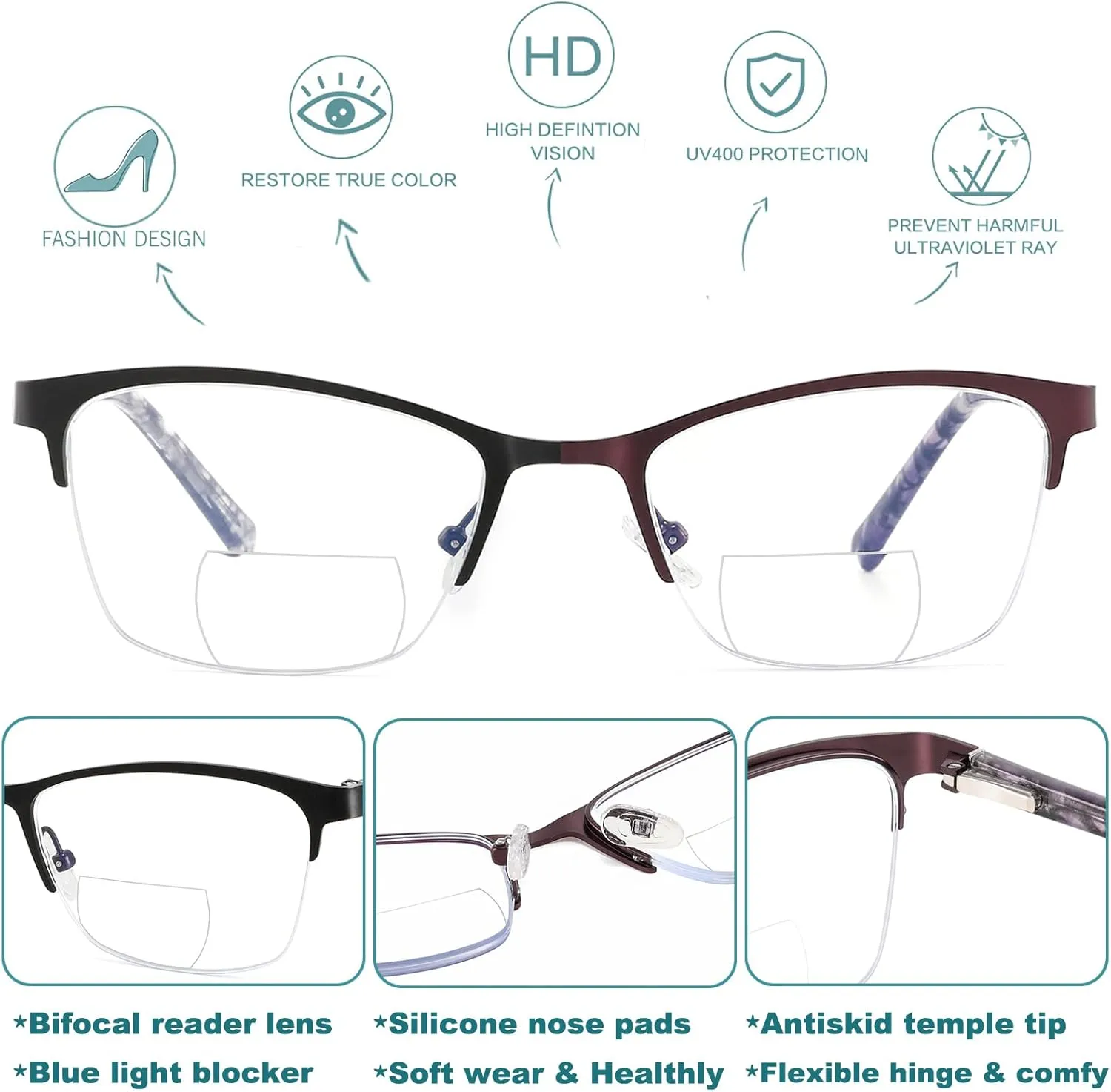 Bifocal Reading Glasses Women Blue Light Computer Reader Fashion Clear Top Cateye Ladies Designer Stylish Eyeglasses