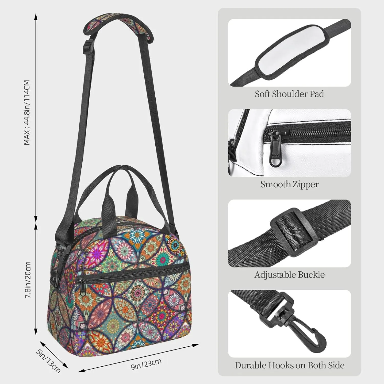 Big Floral Pattern Lunch Bag with Adjustable Shoulder Strap for Women Men Reusable Lunch Box Leakproof Tote Bags Insulated Cooler for Work Travel Outdoor(9 x 5 x 7.8 Inches)