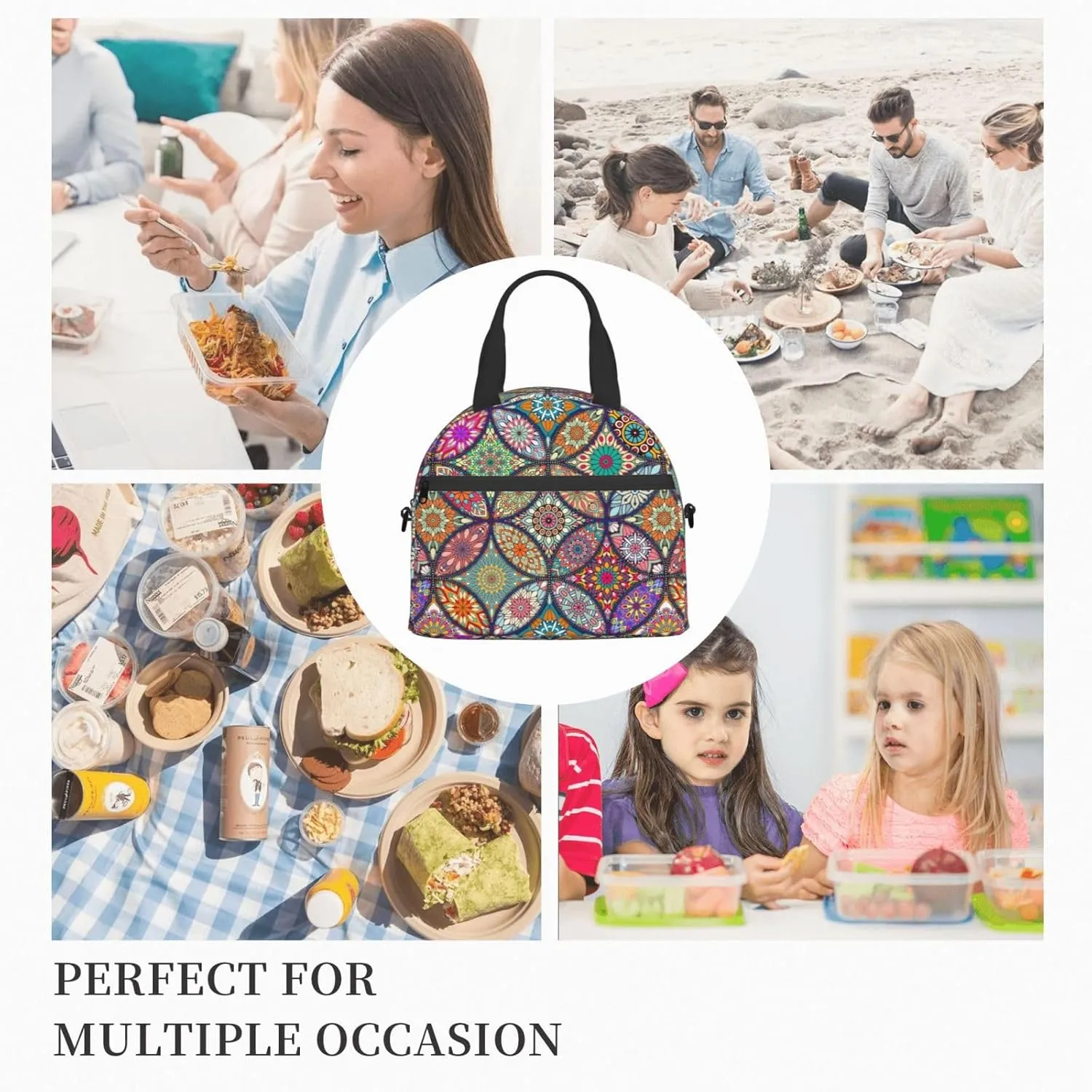 Big Floral Pattern Lunch Bag with Adjustable Shoulder Strap for Women Men Reusable Lunch Box Leakproof Tote Bags Insulated Cooler for Work Travel Outdoor(9 x 5 x 7.8 Inches)
