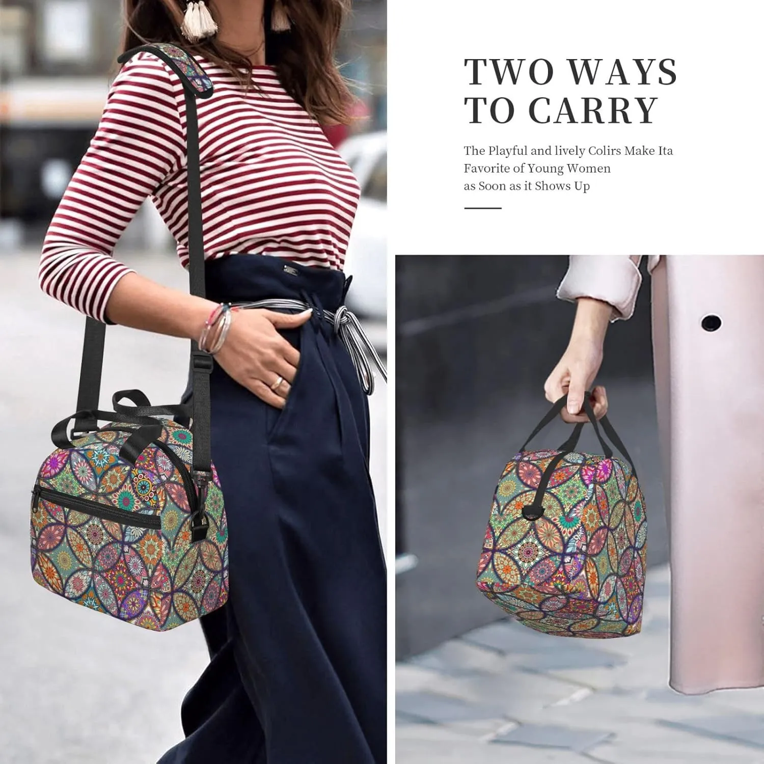 Big Floral Pattern Lunch Bag with Adjustable Shoulder Strap for Women Men Reusable Lunch Box Leakproof Tote Bags Insulated Cooler for Work Travel Outdoor(9 x 5 x 7.8 Inches)