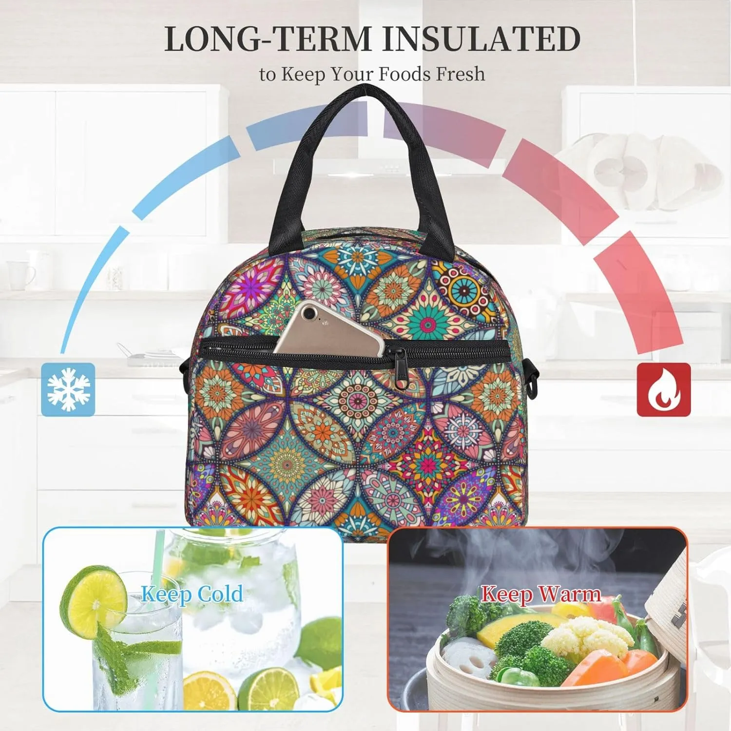 Big Floral Pattern Lunch Bag with Adjustable Shoulder Strap for Women Men Reusable Lunch Box Leakproof Tote Bags Insulated Cooler for Work Travel Outdoor(9 x 5 x 7.8 Inches)