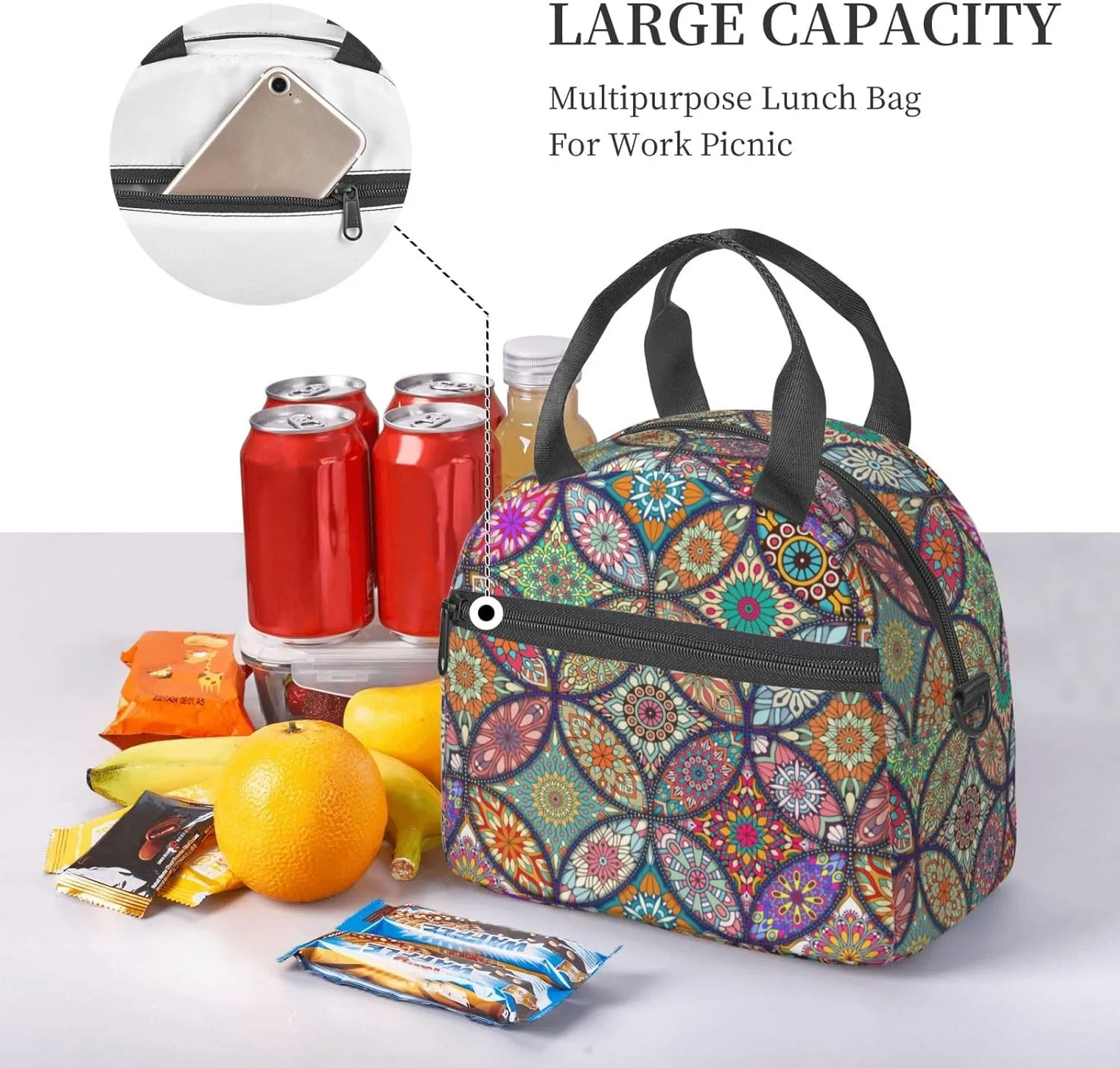 Big Floral Pattern Lunch Bag with Adjustable Shoulder Strap for Women Men Reusable Lunch Box Leakproof Tote Bags Insulated Cooler for Work Travel Outdoor(9 x 5 x 7.8 Inches)