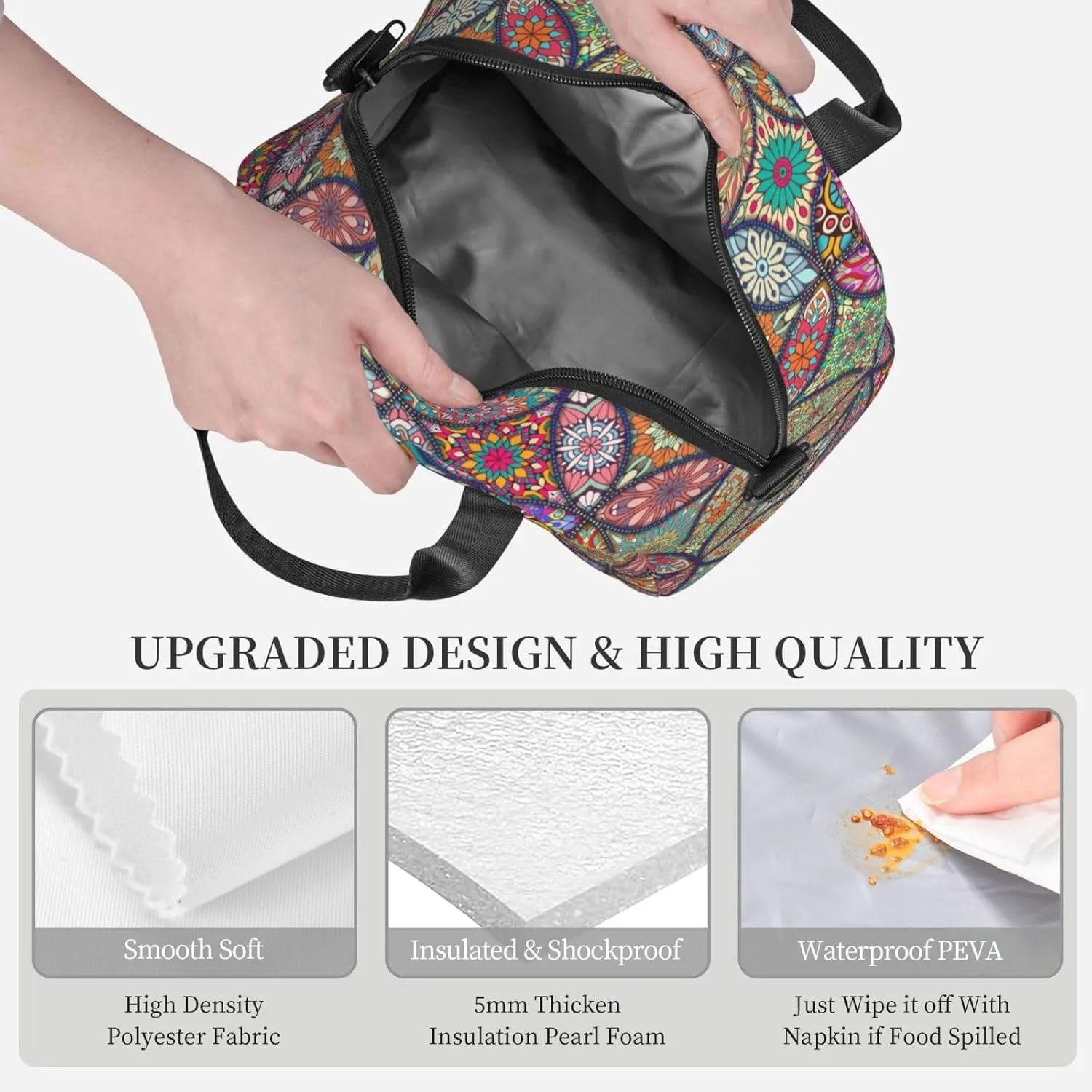 Big Floral Pattern Lunch Bag with Adjustable Shoulder Strap for Women Men Reusable Lunch Box Leakproof Tote Bags Insulated Cooler for Work Travel Outdoor(9 x 5 x 7.8 Inches)