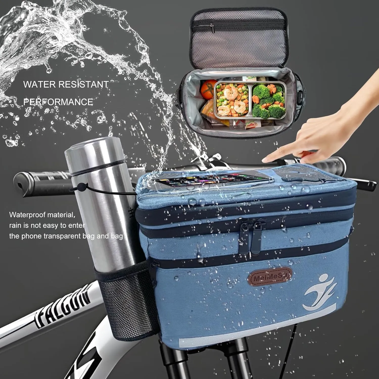 Bike Handlebar Bag with Touch Screen Phone Holder, Waterproof Front Basket, Insulated Cooler Lunch Bag