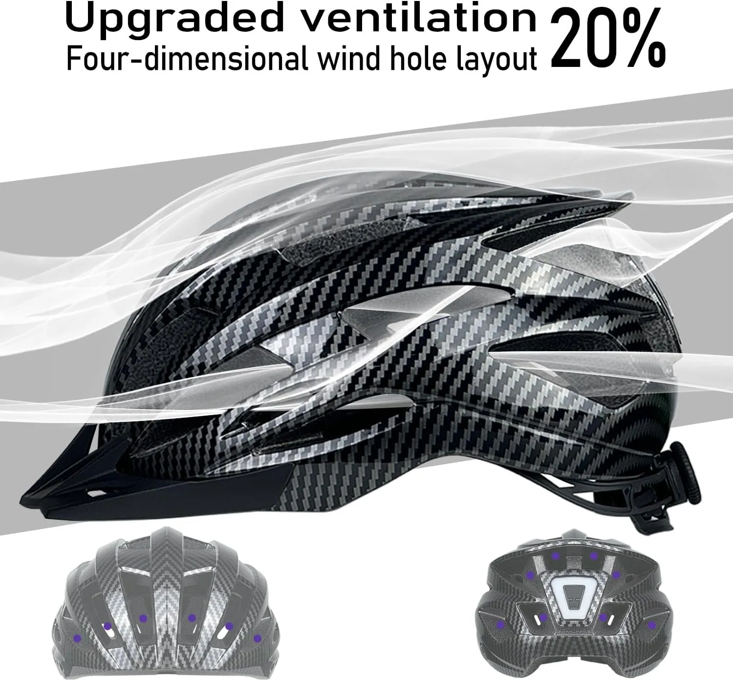 Bike Helmet for Adult Men Women with Multi-Mode Rear LED Light, with Suggested Fit 56-62cm, Lightweight with Adjustable Dial, Side and Chin Strap, Carbon Black Shiny Surface