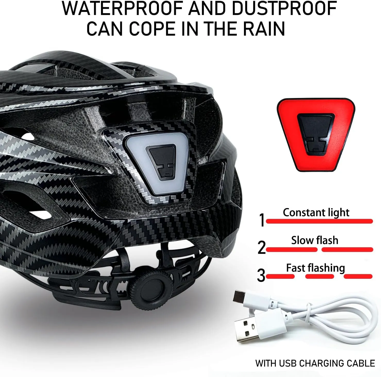 Bike Helmet for Adult Men Women with Multi-Mode Rear LED Light, with Suggested Fit 56-62cm, Lightweight with Adjustable Dial, Side and Chin Strap, Carbon Black Shiny Surface