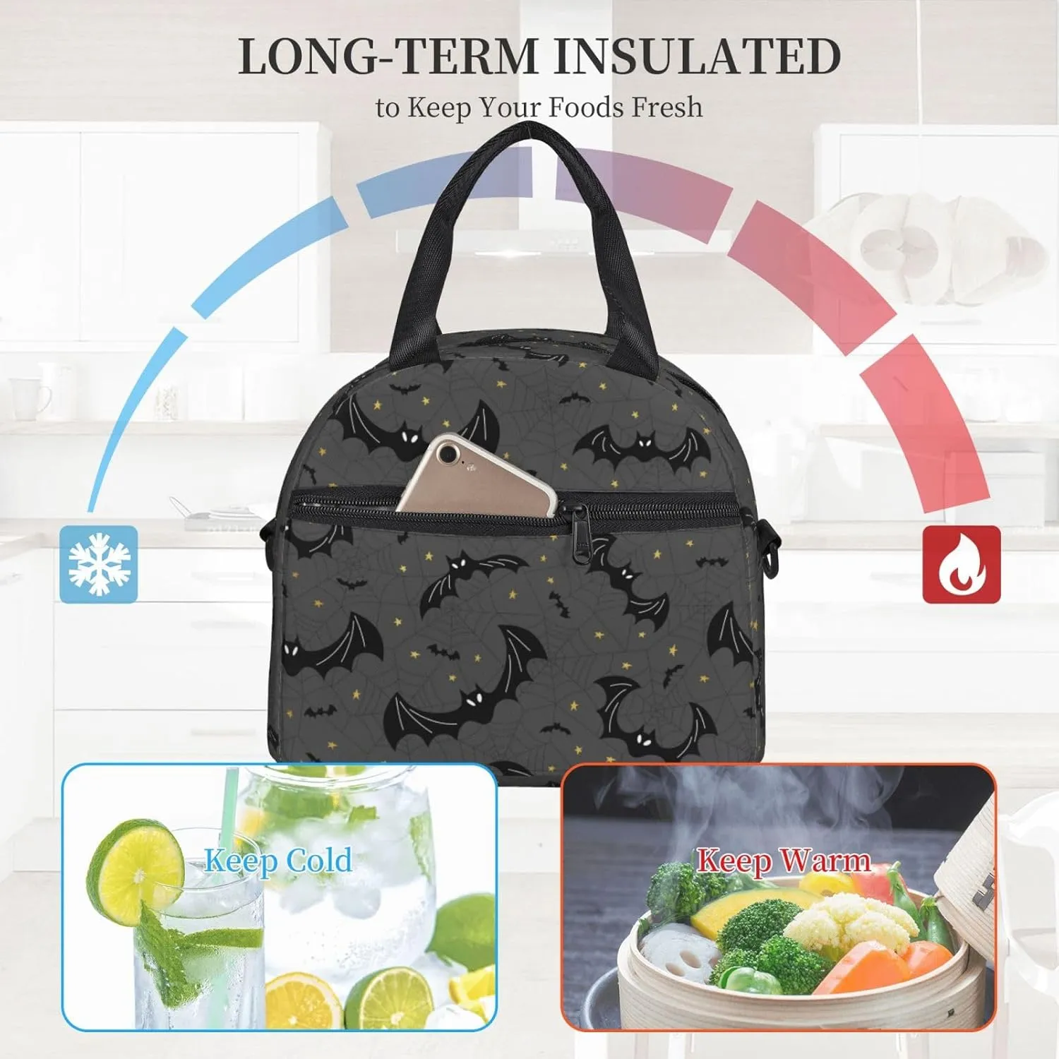 Black Bats Spider Web Lunch Bag with Adjustable Shoulder Strap for Women Men Reusable Lunch Box Leakproof Tote Bags Insulated Cooler for Work Travel Outdoor(9 x 5 x 7.8 Inches)