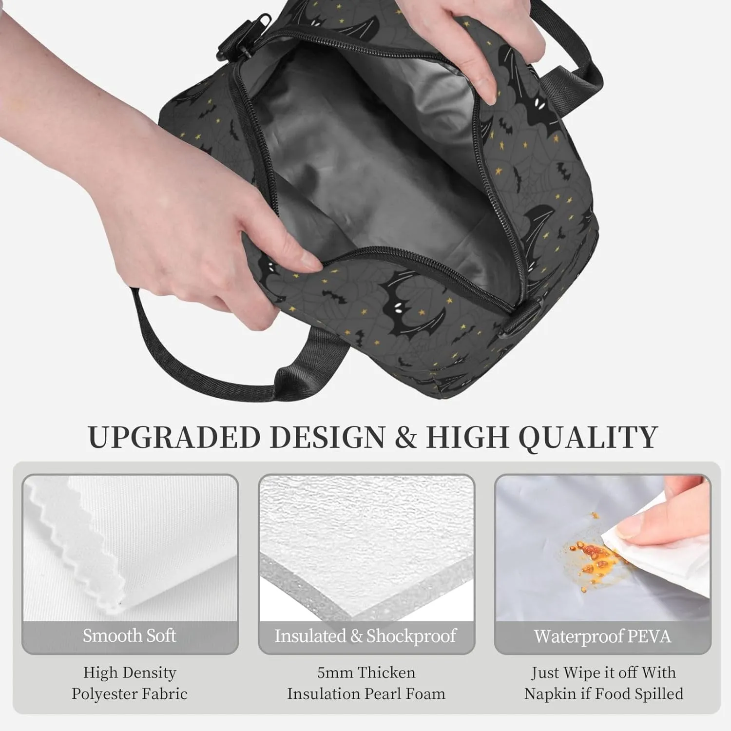 Black Bats Spider Web Lunch Bag with Adjustable Shoulder Strap for Women Men Reusable Lunch Box Leakproof Tote Bags Insulated Cooler for Work Travel Outdoor(9 x 5 x 7.8 Inches)