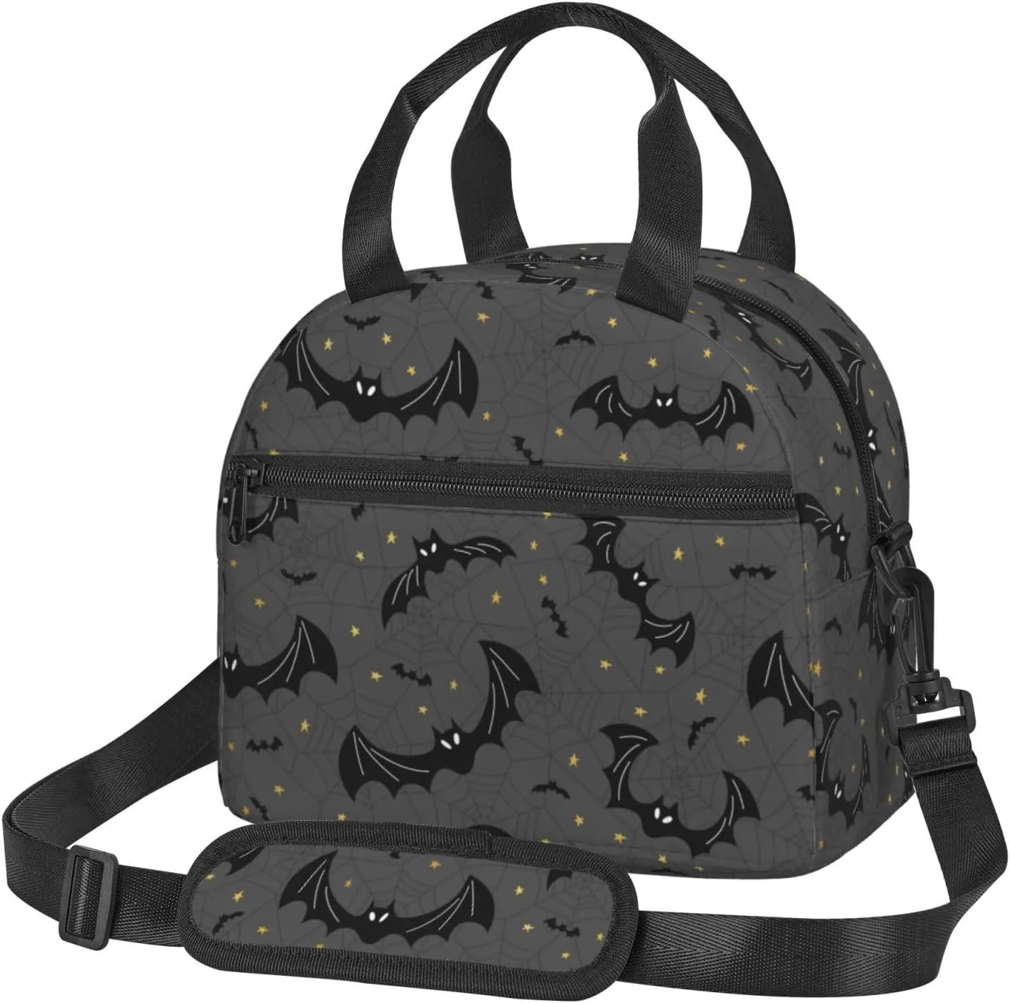 Black Bats Spider Web Lunch Bag with Adjustable Shoulder Strap for Women Men Reusable Lunch Box Leakproof Tote Bags Insulated Cooler for Work Travel Outdoor(9 x 5 x 7.8 Inches)