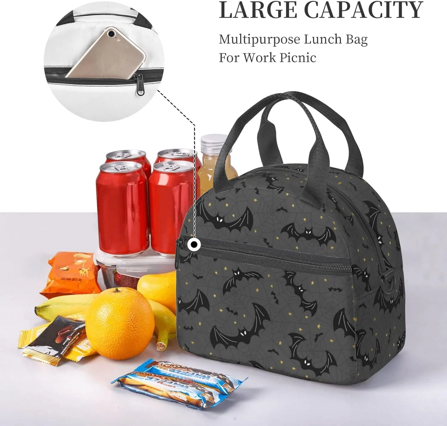 Black Bats Spider Web Lunch Bag with Adjustable Shoulder Strap for Women Men Reusable Lunch Box Leakproof Tote Bags Insulated Cooler for Work Travel Outdoor(9 x 5 x 7.8 Inches)