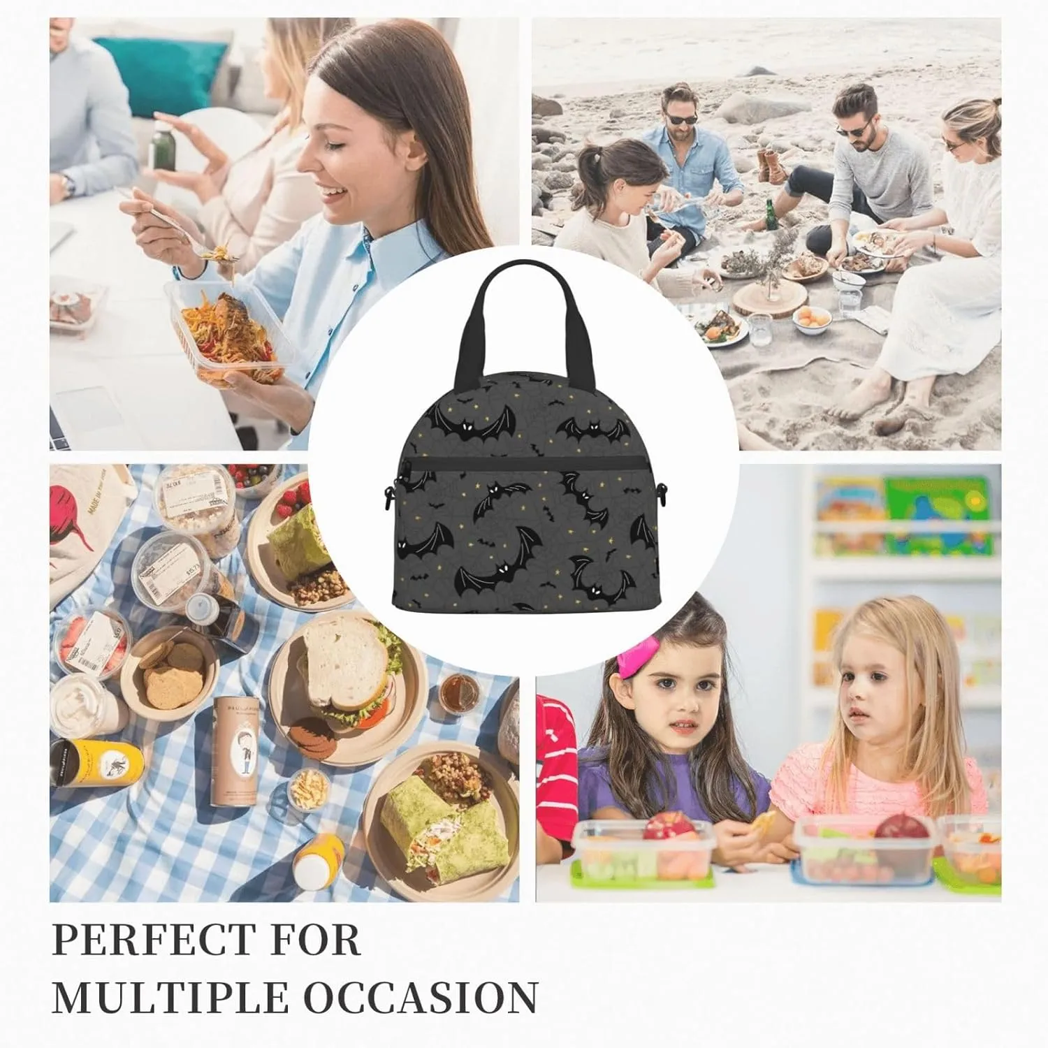 Black Bats Spider Web Lunch Bag with Adjustable Shoulder Strap for Women Men Reusable Lunch Box Leakproof Tote Bags Insulated Cooler for Work Travel Outdoor(9 x 5 x 7.8 Inches)