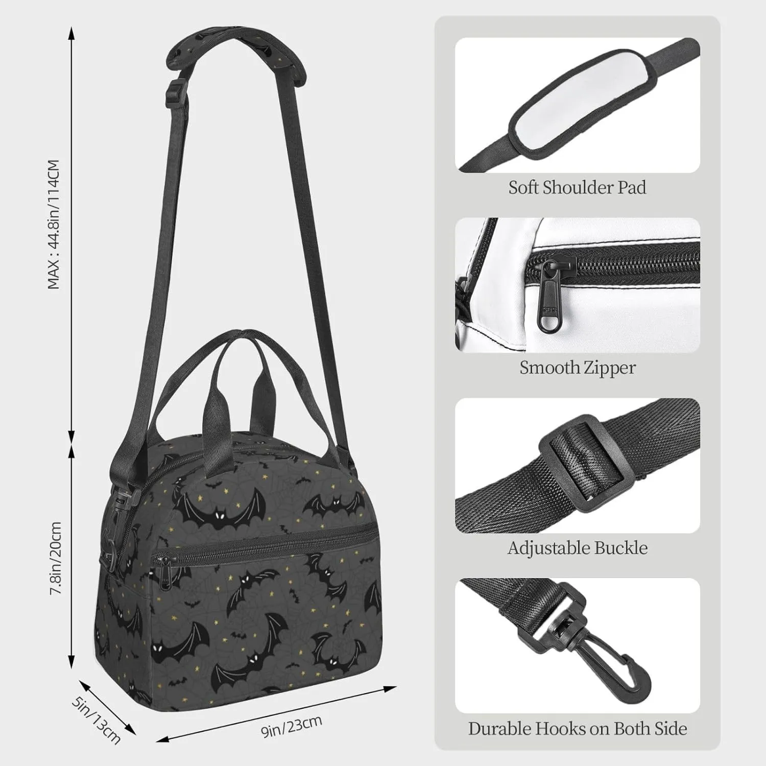 Black Bats Spider Web Lunch Bag with Adjustable Shoulder Strap for Women Men Reusable Lunch Box Leakproof Tote Bags Insulated Cooler for Work Travel Outdoor(9 x 5 x 7.8 Inches)