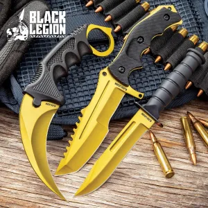 BLACK LEGION Knife Set - Karambit, Hunter Knife, Survival Knife, Stainless Steel Blades, Tpu Handles, Nylon Sheaths (Solar Gold)