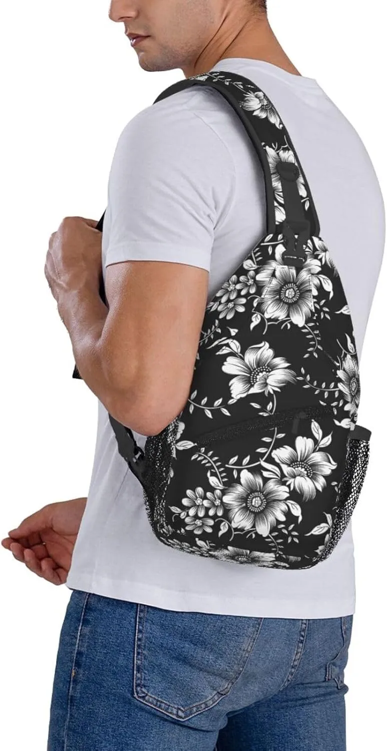 Black White Flowers Crossbody Sling Bag for Women Men Abstract Monochrome Flower with Tropical Leaves Travel Sling Backpack Casual Shoulder Bag Botanical Floral Print Sports Hiking Daypack