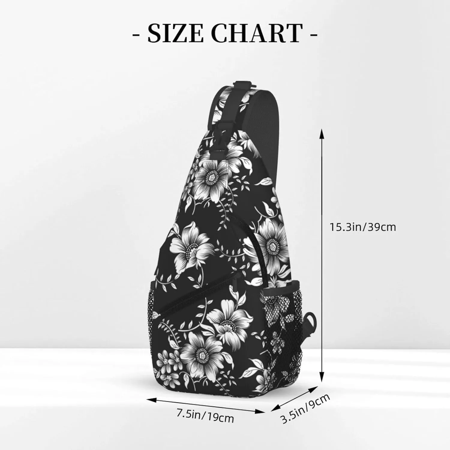 Black White Flowers Crossbody Sling Bag for Women Men Abstract Monochrome Flower with Tropical Leaves Travel Sling Backpack Casual Shoulder Bag Botanical Floral Print Sports Hiking Daypack