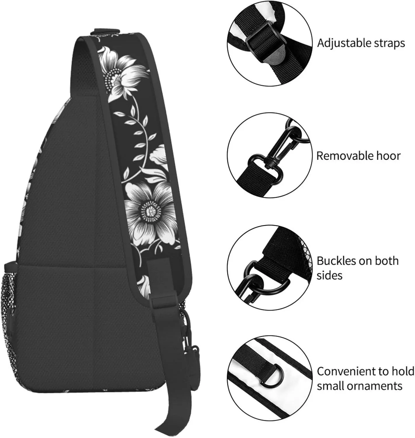 Black White Flowers Crossbody Sling Bag for Women Men Abstract Monochrome Flower with Tropical Leaves Travel Sling Backpack Casual Shoulder Bag Botanical Floral Print Sports Hiking Daypack